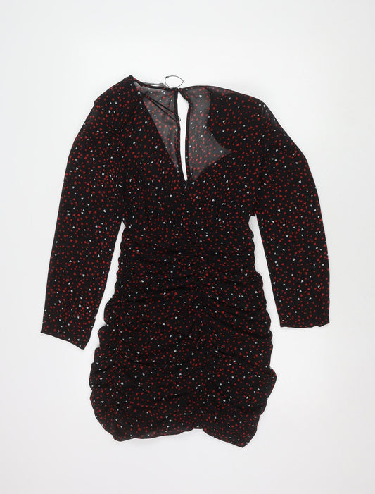 Zara Women's Black with Red and White Hearts Long Sleeve Dress XS