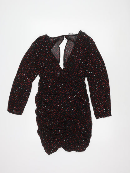 Zara Women's Black with Red and White Hearts Long Sleeve Dress XS