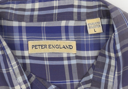 Peter England Men's Blue Plaid Short Sleeve Shirt L