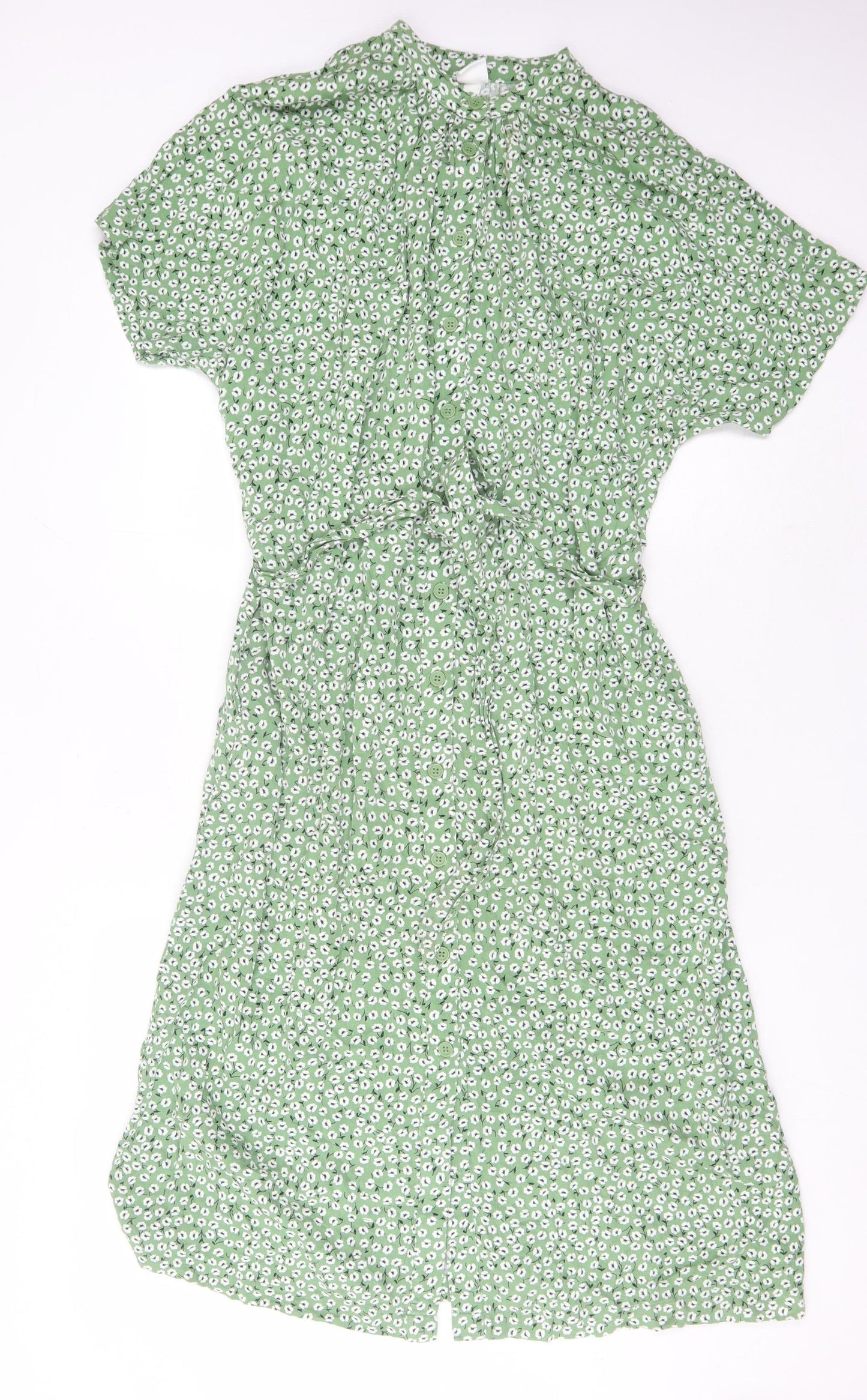 H&M Women's Green Floral Midi Shirt Dress M