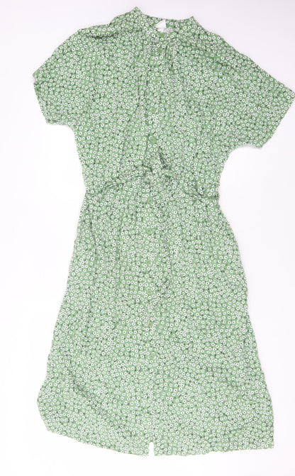 H&M Women's Green Floral Midi Shirt Dress M