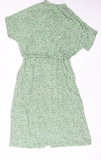 H&M Women's Green Floral Midi Shirt Dress M