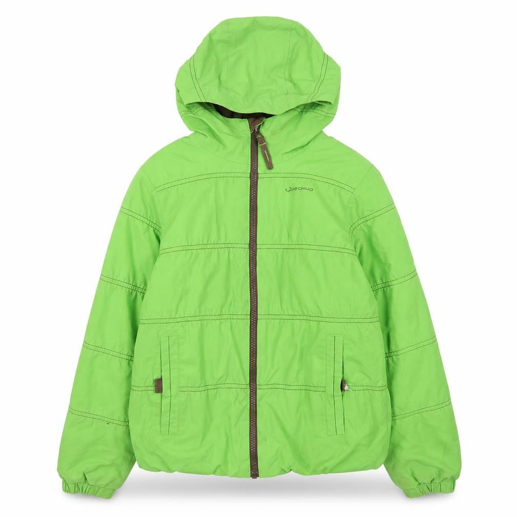 Front view of Quechua boys’ green hooded puffer jacket, size 10-11, years