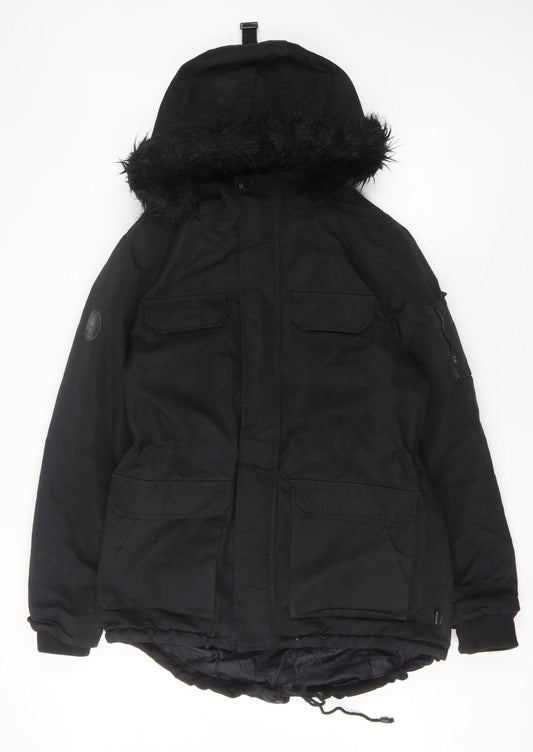 BellField Women's Black Fur Trim Parka, L, Hooded, Lined