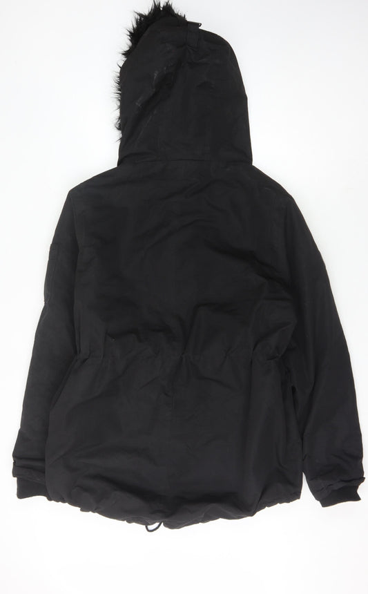 BellField Women's Black Fur Trim Parka, L, Hooded, Lined