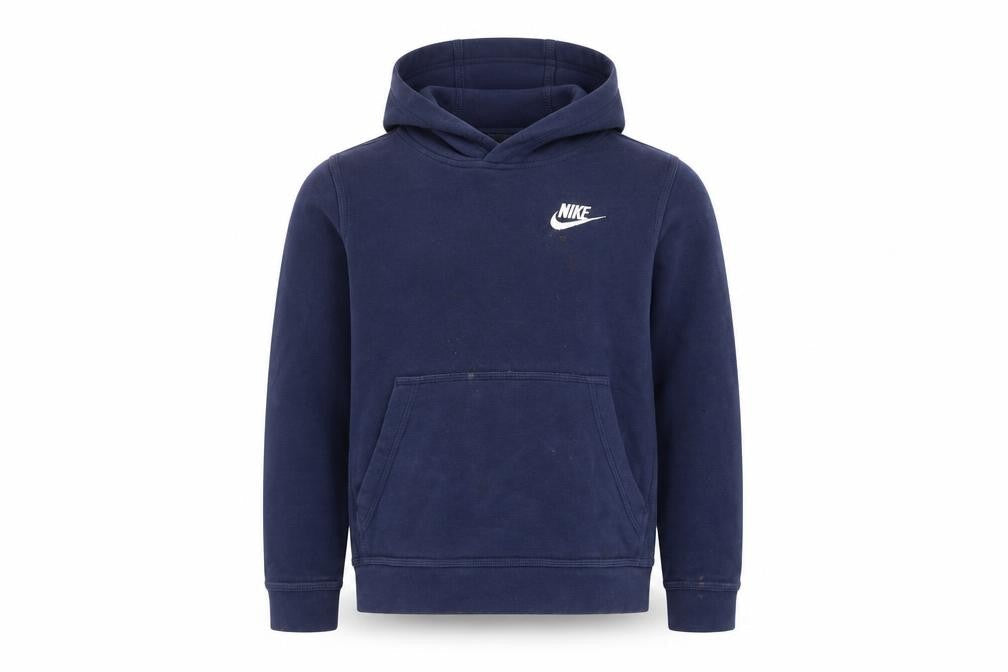 Front view of Nike boys’ blue pullover hoodie small, logo, comfortable
