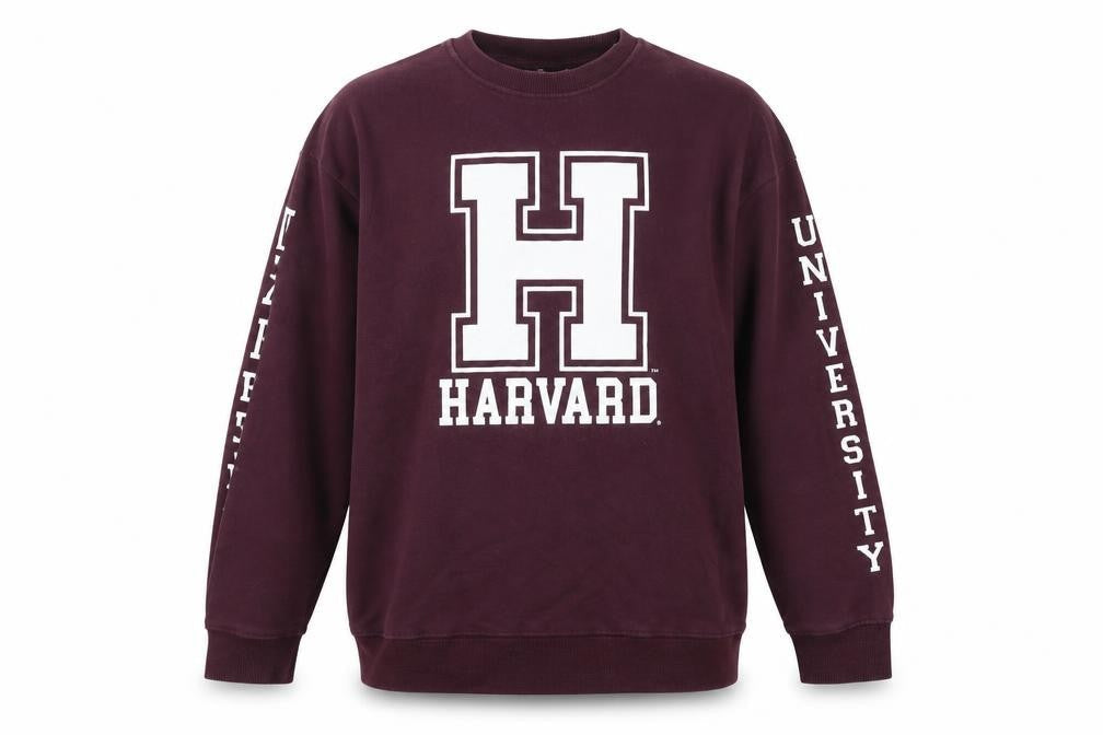 Front view of Harvard University Sweatshirt unisex purple s logo