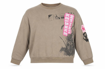 Front view of H&M unisex brown pullover sweatshirt l - graphic print casual