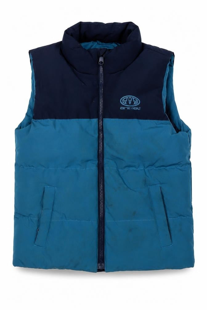 Front view of Animal boys’ blue sleeveless jacket 7-8 years with zip