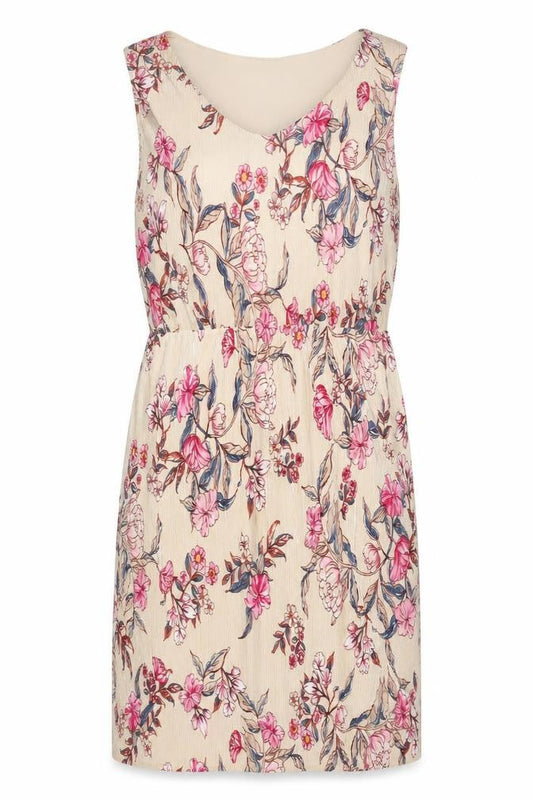 Front view of b.young Women's Beige Floral Polyester Dress M