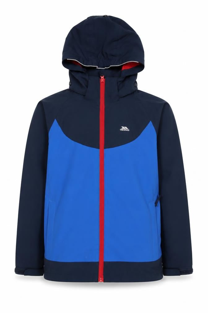 Front view of Trespass boys’' blue waterproof rain coat, size 11-12, years
