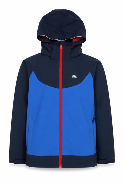 Front view of Trespass boys’' blue waterproof rain coat, size 11-12, years