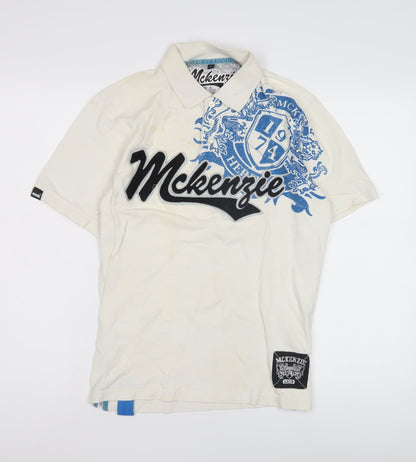McKenzie Men's White Polo Shirt, S, Graphic Logo, Casual
