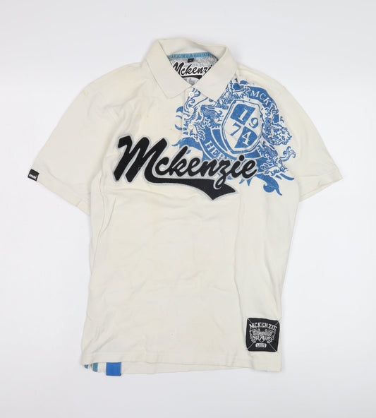 McKenzie Men's White Polo Shirt, S, Graphic Logo, Casual