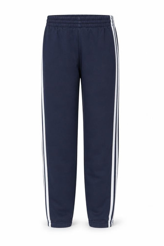 Front view of Adidas boys’' blue track pants, size 12, sporty striped style