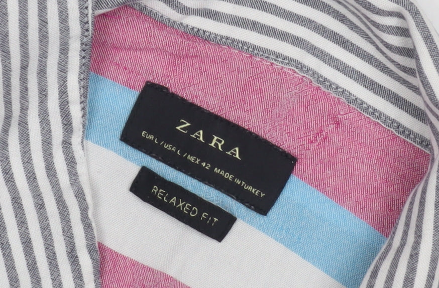 ZARA Men's Multicoloured Relaxed Fit Striped Shirt L