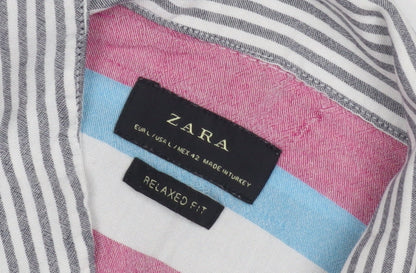 ZARA Men's Multicoloured Relaxed Fit Striped Shirt L