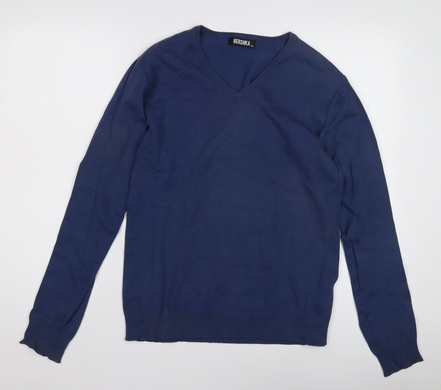 Bershka Men's Blue V-Neck Pullover Jumper M