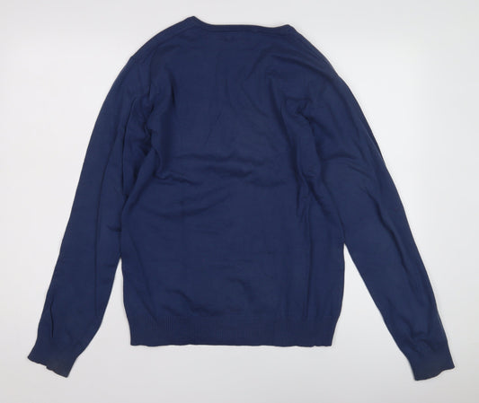 Bershka Men's Blue V-Neck Pullover Jumper M