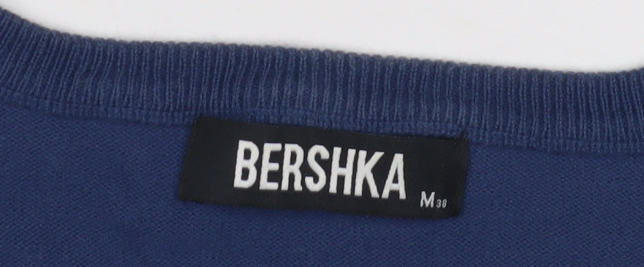 Bershka Men's Blue V-Neck Pullover Jumper M