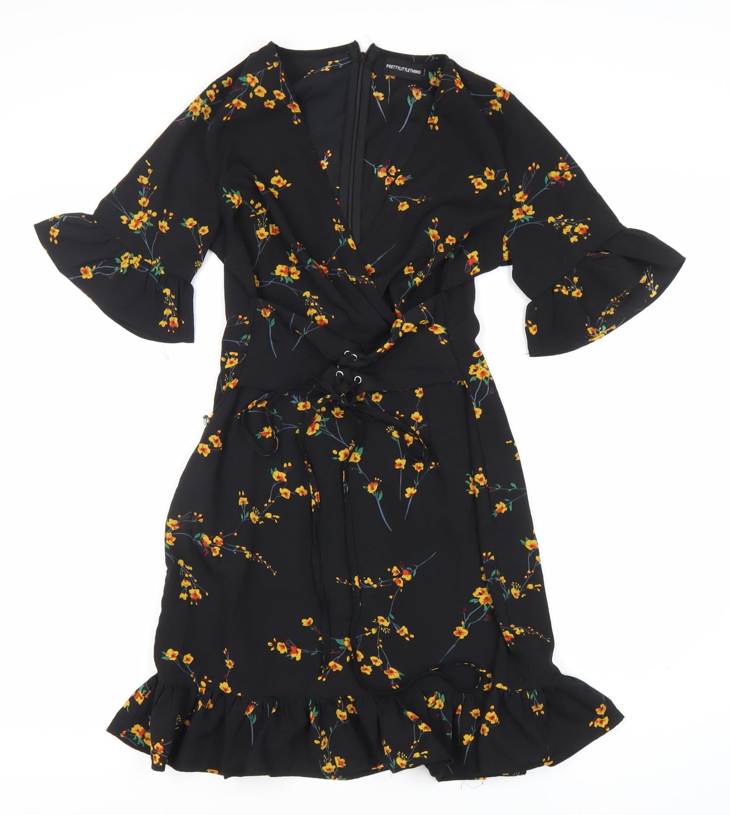 PRETTYLITTLETHING Women's Black Floral Wrap Dress