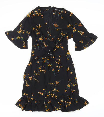 PRETTYLITTLETHING Women's Black Floral Wrap Dress