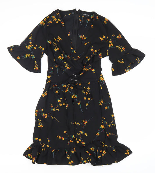PRETTYLITTLETHING Women's Black Floral Wrap Dress