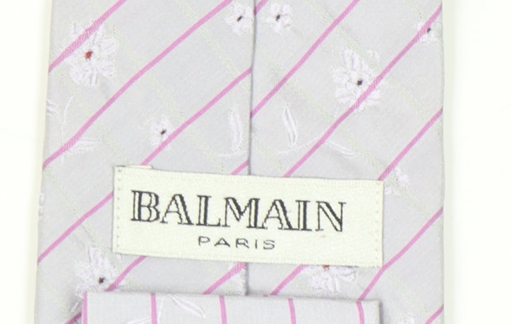 Balmain Men's Silver Silk Embroidered Designer Tie