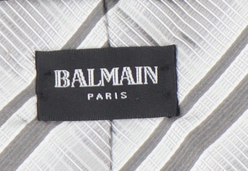 Balmain Men's Grey Silk Designer Tie, Geometric Pattern