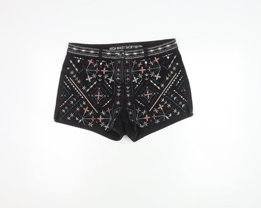 Next Women's Black Embroidered High Waist Shorts Sz 12