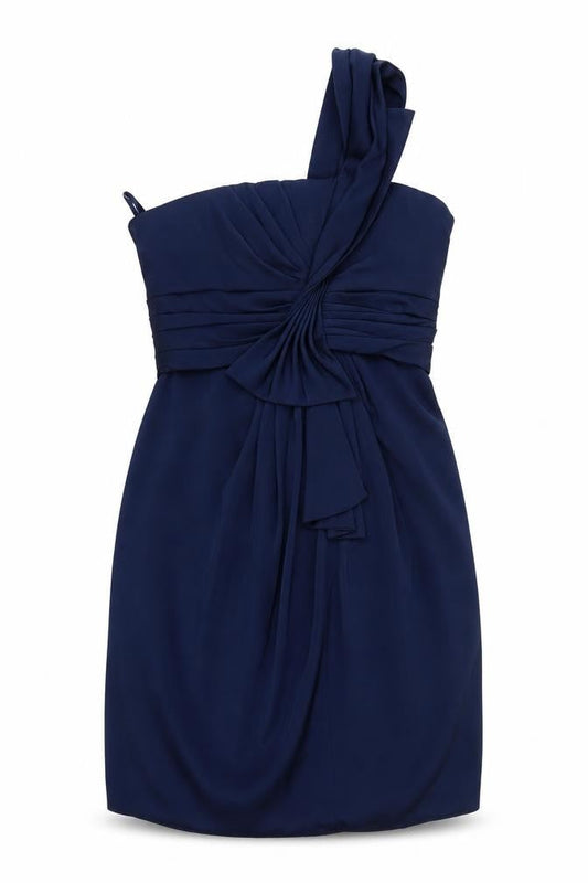 Front view of BCBGMAXAZRIA Women's Blue One Shoulder Dress, size 10, Party Style