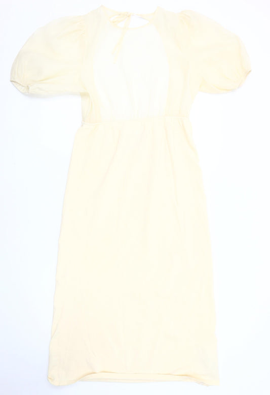 Zara Women’s Ivory Midi Dress, Size 12, Puff Sleeves