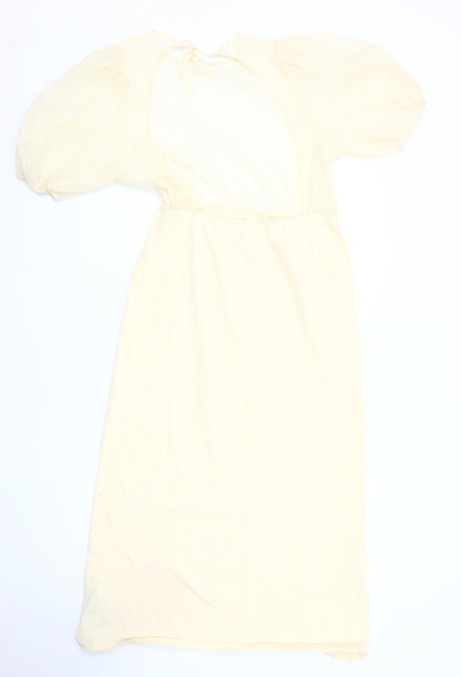 Zara Women’s Ivory Midi Dress, Size 12, Puff Sleeves