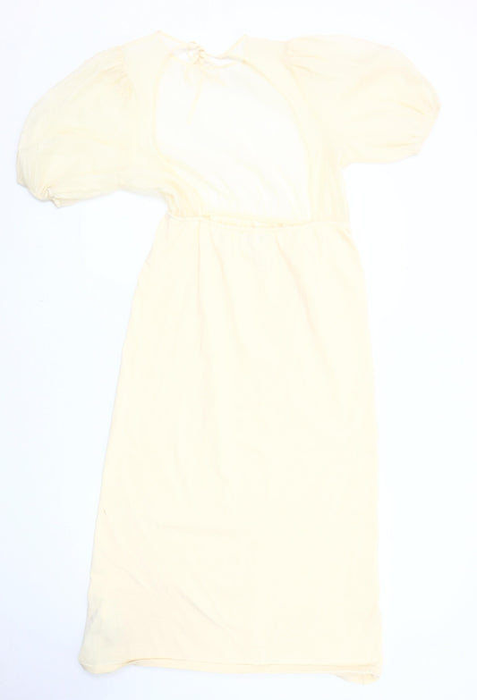 Zara Women’s Ivory Midi Dress, Size 12, Puff Sleeves