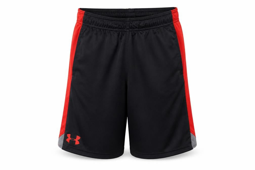 Front view of Under Armour boys’' black athletic shorts, size M
