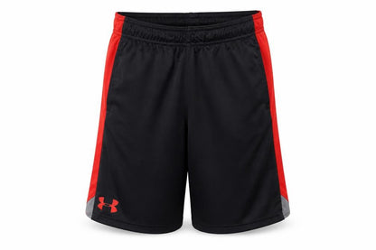 Front view of Under Armour boys’' black athletic shorts, size M