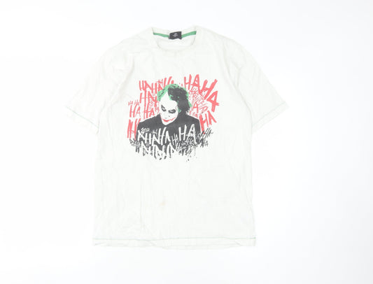 Front view of The Dark Knight unisex white graphic t-shirt, s