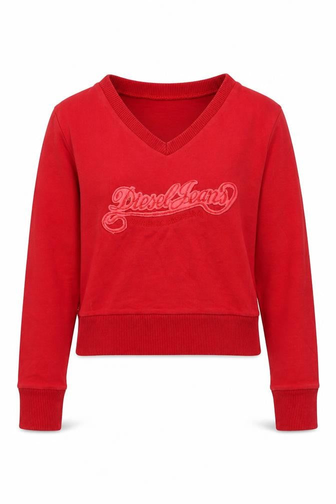 Front view of Diesel girls’ red v-neck logo sweatshirt, size M