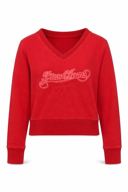 Front view of Diesel girls’ red v-neck logo sweatshirt, size M
