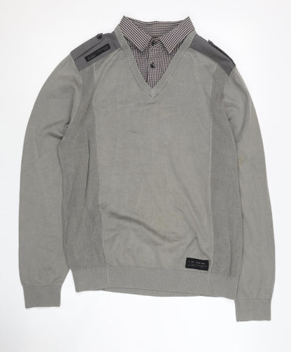 Next Men's Grey V-Neck Jumper, Size M, Button Accent