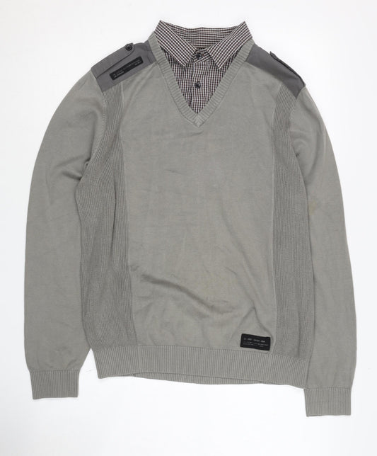 Next Men's Grey V-Neck Jumper, Size M, Button Accent