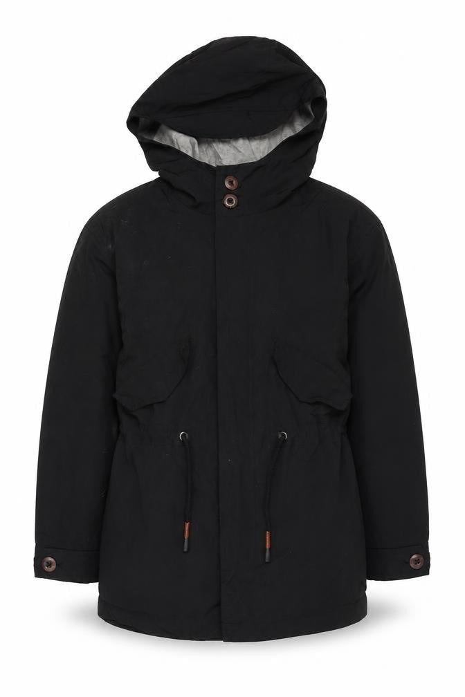 Front view of Zara boys’ black hooded jacket, size 5, years with button accents