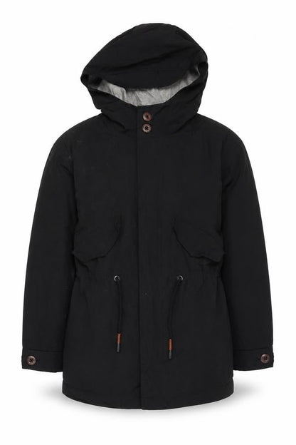 Front view of Zara boys’ black hooded jacket, size 5, years with button accents