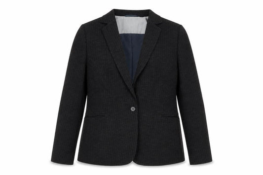 Front view of ESPRIT Women's Black Pinstripe Blazer, size 18