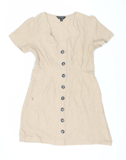 Miss Selfridge Women's Beige Linen Button Dress Size 8