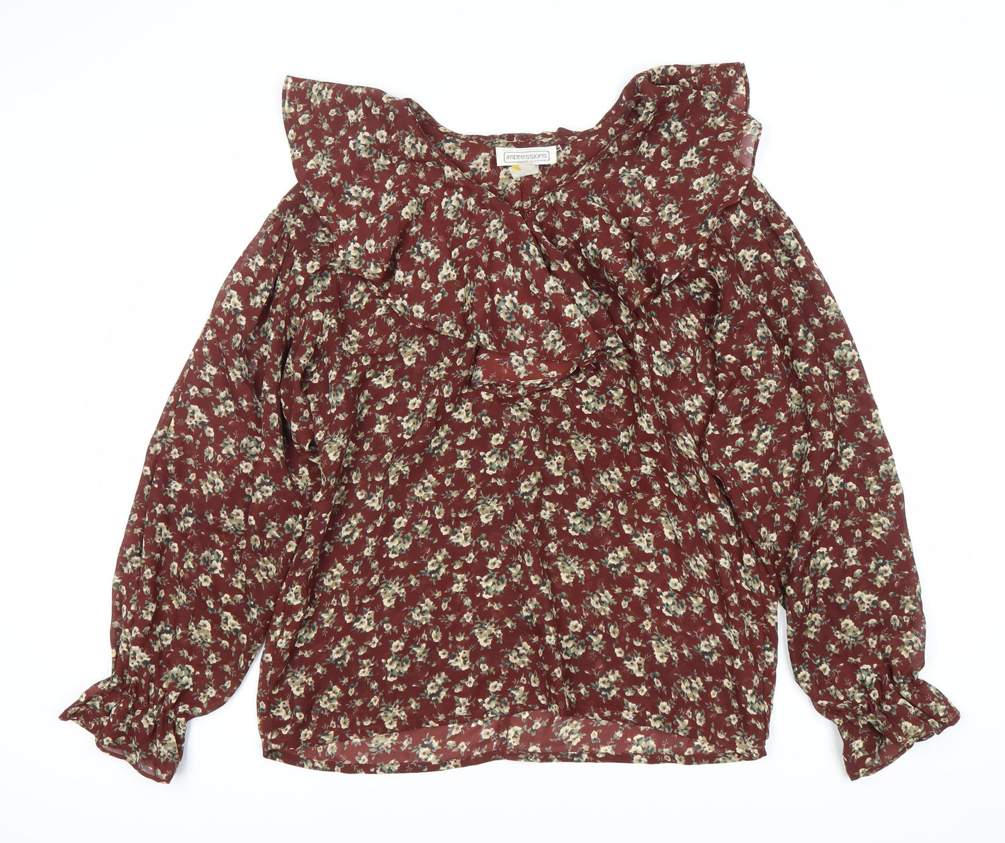 Impressions Women's Red Floral Blouse, Size 12, Ruffle Accent