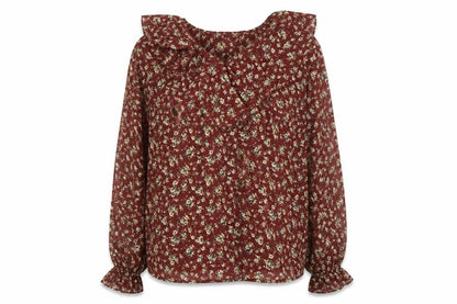 Impressions Women's Red Floral Blouse, Size 12, Ruffle Accent