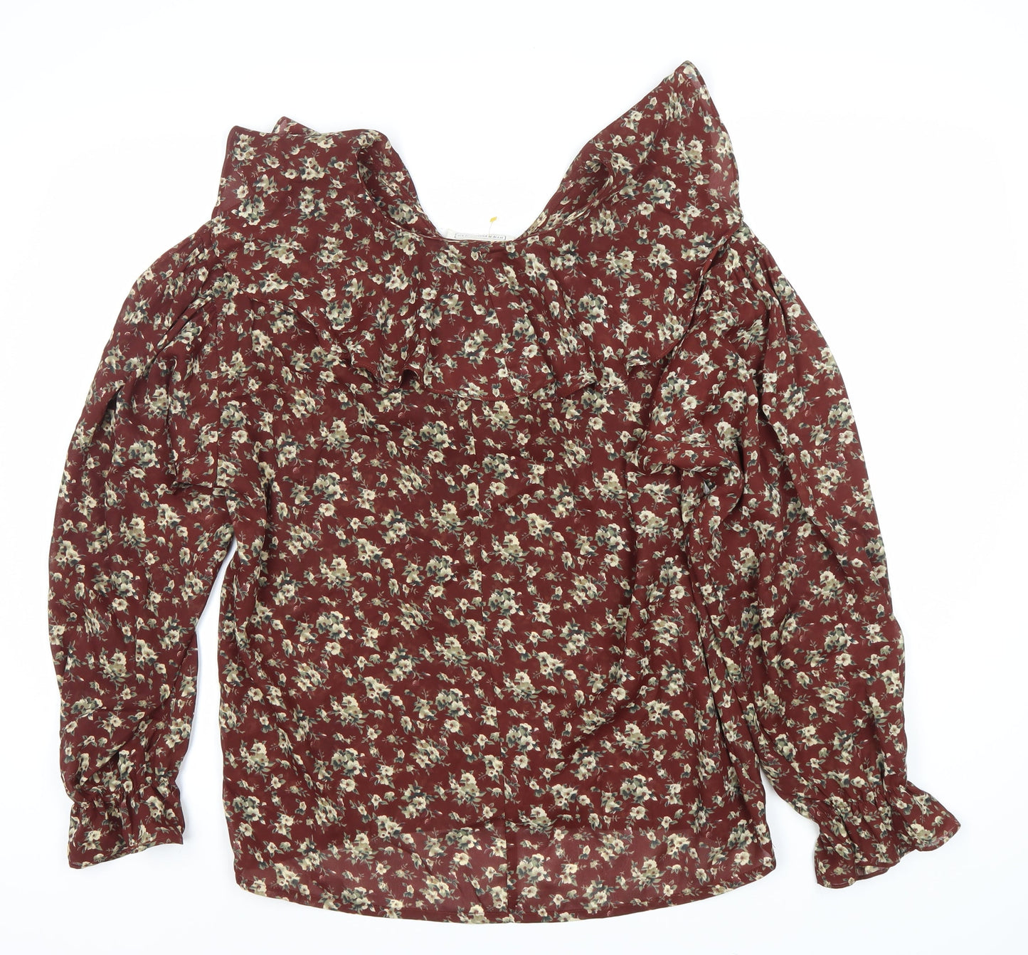 Impressions Women's Red Floral Blouse, Size 12, Ruffle Accent