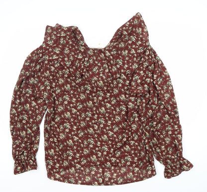 Impressions Women's Red Floral Blouse, Size 12, Ruffle Accent