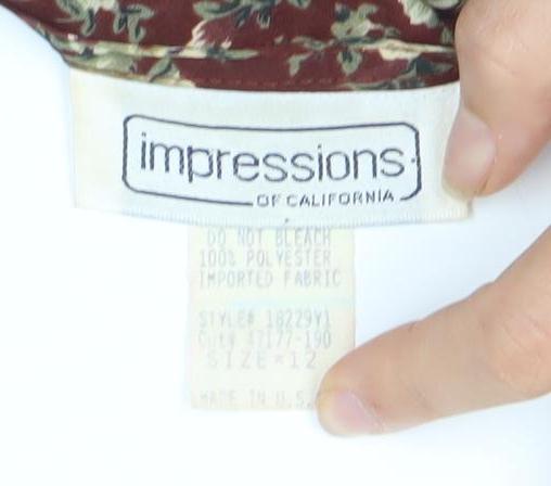 Impressions Women's Red Floral Blouse, Size 12, Ruffle Accent